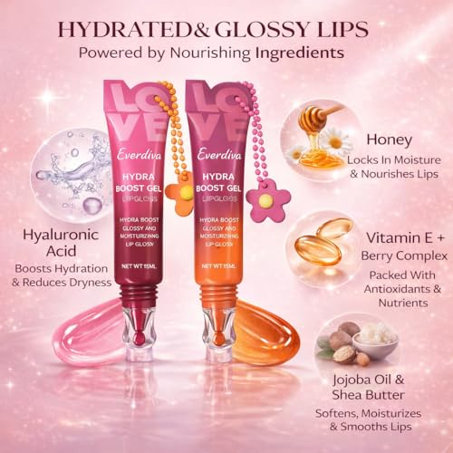 Fruit Flavoured Tinted Lip Gloss | Natural Lip Gloss with Jojoba Oil, Beeswax & Hyaluronic Acid | Non-Sticky Hydrating Gloss Duo with Soft Silicone Applicator (Rosé Kiss & Peach Nectar)
