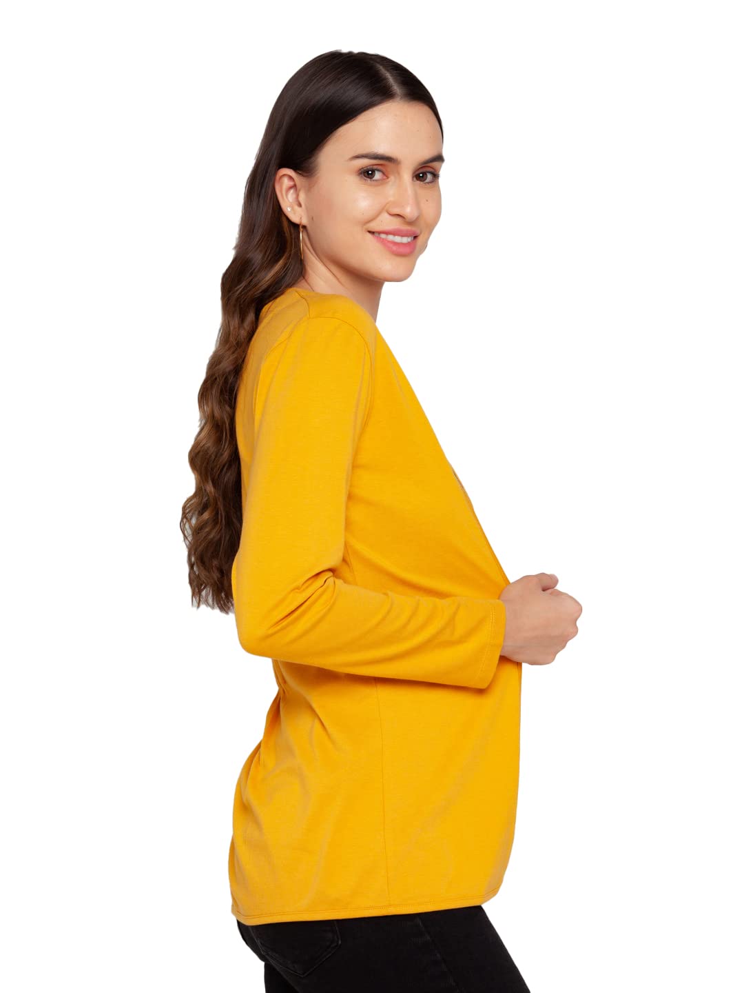 Zink London Women's Cotton V-Neck Solid Shrug (Yellow, Medium)