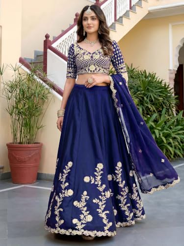Zeel Clothing Women's Thread and Sequins Embroidered Work Silk Lehenga Choli With Dupatta (5135-Blue-Women-Lehenga-Choli-Latest; Free size) (Blue)
