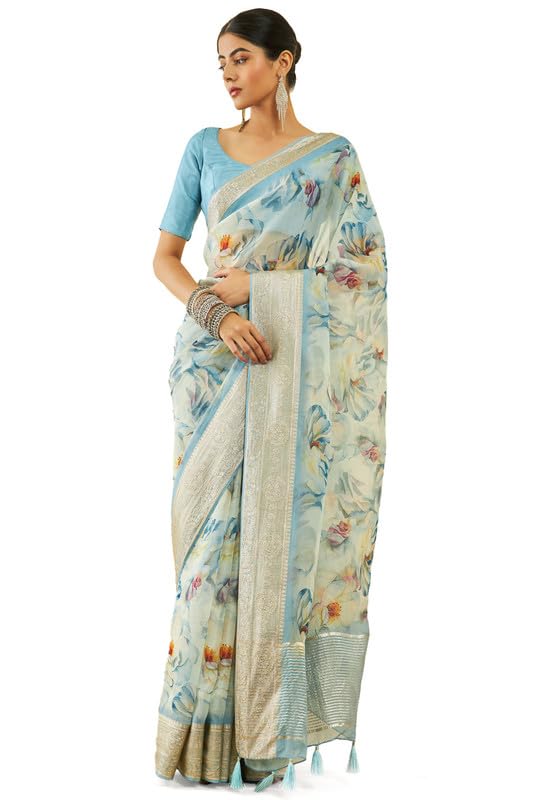 Soch Womens Turquoise Blue Organza Floral Print Saree with Woven Borders