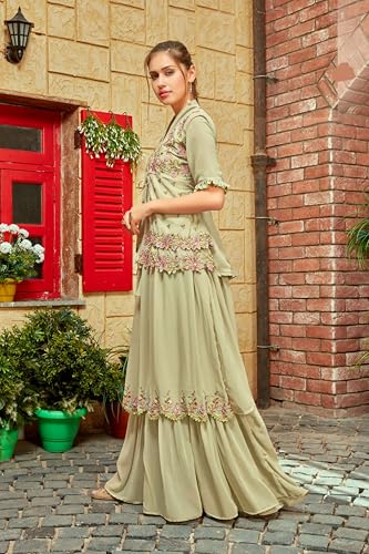 Shampysky Women's Sage Green Georgette Embroidered Jacket Style Gown with Ruffled Dupatta for Wedding XXL