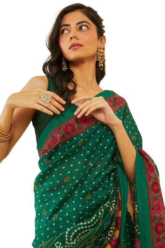 Soch Womens Green Bandhani Print Art Silk Saree