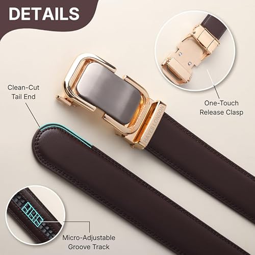 HAYES LONDON Genuine Leather Belt for Men with Auto Lock Ratchet Buckle | No Hole Micro Adjustable Slide Lock Belt | Premium Casual & Office Wear Men’s Belt, (Onesize) Vanguard_Brown_Gold