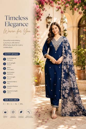 Women's Dark Blue Silk Blend Straight Kurta Set With Dupatta And Pant