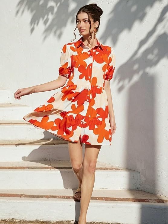 eightone Women's Floral Print Rayon Ruffled A-Line Midi Dress – Elegant Summer (in, Alpha, L, Regular, Orange)