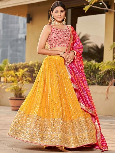 Zeel Clothing Women's Real Mirror Work Georgette New Semi-Stitched Lehenga Choli With Dupatta (5077-Yellow-Pink-Wedding-Designer-New; Free Size)