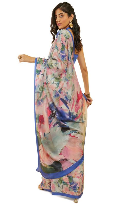 Soch Womens Blue Floral Print Crepe Saree