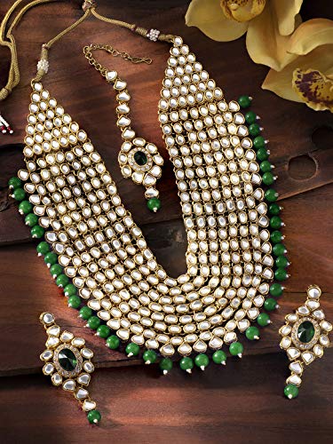 Peora Kundan Pearl Maroon Layered Long Jewellery Necklace Set with Earring Maang Tikka Earrings for Women