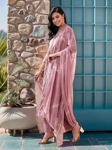 V4M Women's Lavender Pure Cotton Embroidered Floral Printed Straight Kurta Set With Dupatta