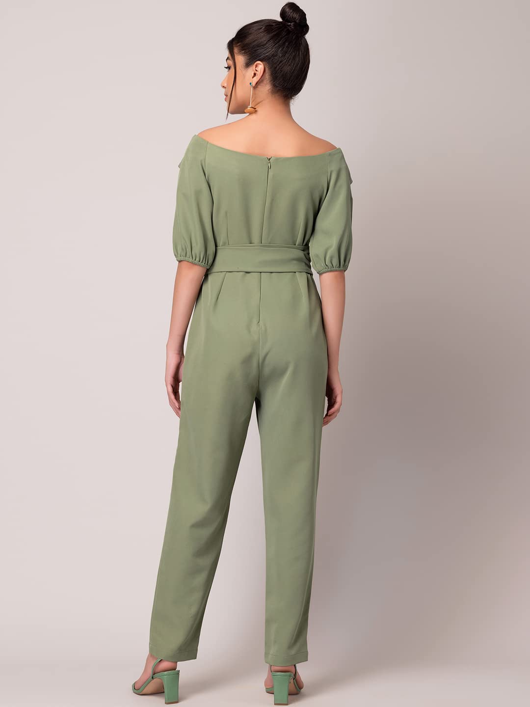 Faballey Light Green Drop Shoulder Front Tie Jumpsuit