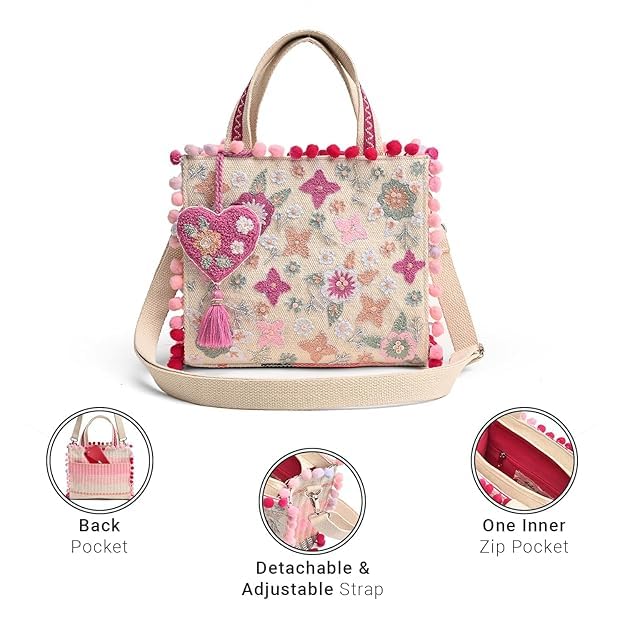 Boho Girl Mini Tote Bag for Women Whimsical Jacquard Handbag with Adjustable Strap Stylish and Elegant Ladies Crossbody Shoulder Purse, Sling Bag Perfect Birthday, Anniversary and Wedding Gift