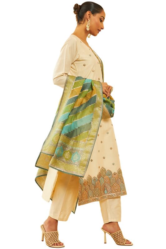 Soch Womens Cream Silk Blend Floral Embroidered Suit Set With Zardosi Work