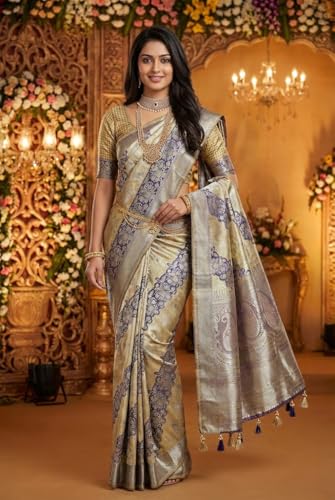 VFCollections Women's Traditional Handloom Kanchipuram Silk Pure Pattu Sarees | Rich Zari Woven Design | Bridal Saree | Unstitched Blouse (VFC629-3)