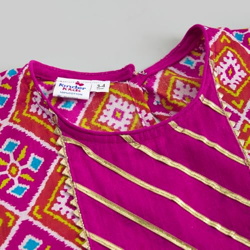 Hopscotch Hoscotch Girls Geometric Pink Short Sleeves 3 Piece Ornate Geometric Cotton Sharara Set For Ages (4-5 Years)