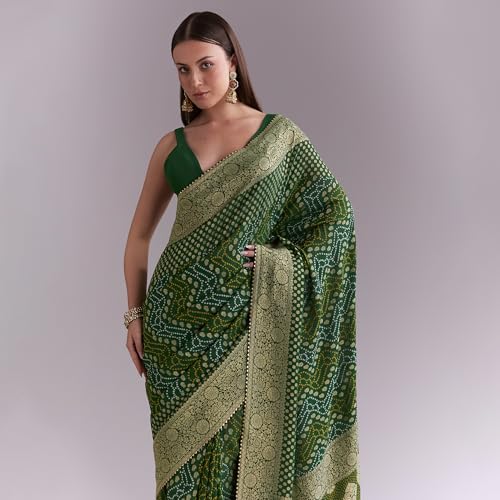 KALKI Fashion Green Georgette Bandhani Saree With Butti And Floral Border Georgette sarees for women | Traditional Ethnic Wear |Fashion Wear| Wedding Collection | Festive Saree