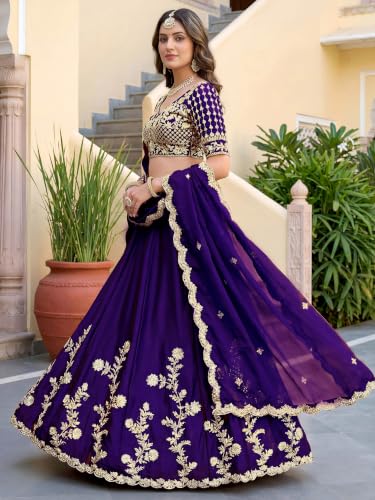 Zeel Clothing Women's Thread and Sequins Embroidered Work Silk Lehenga Choli With Dupatta (5135-Purple-Women-Lehenga-Choli-Latest; Free size) (Purple)