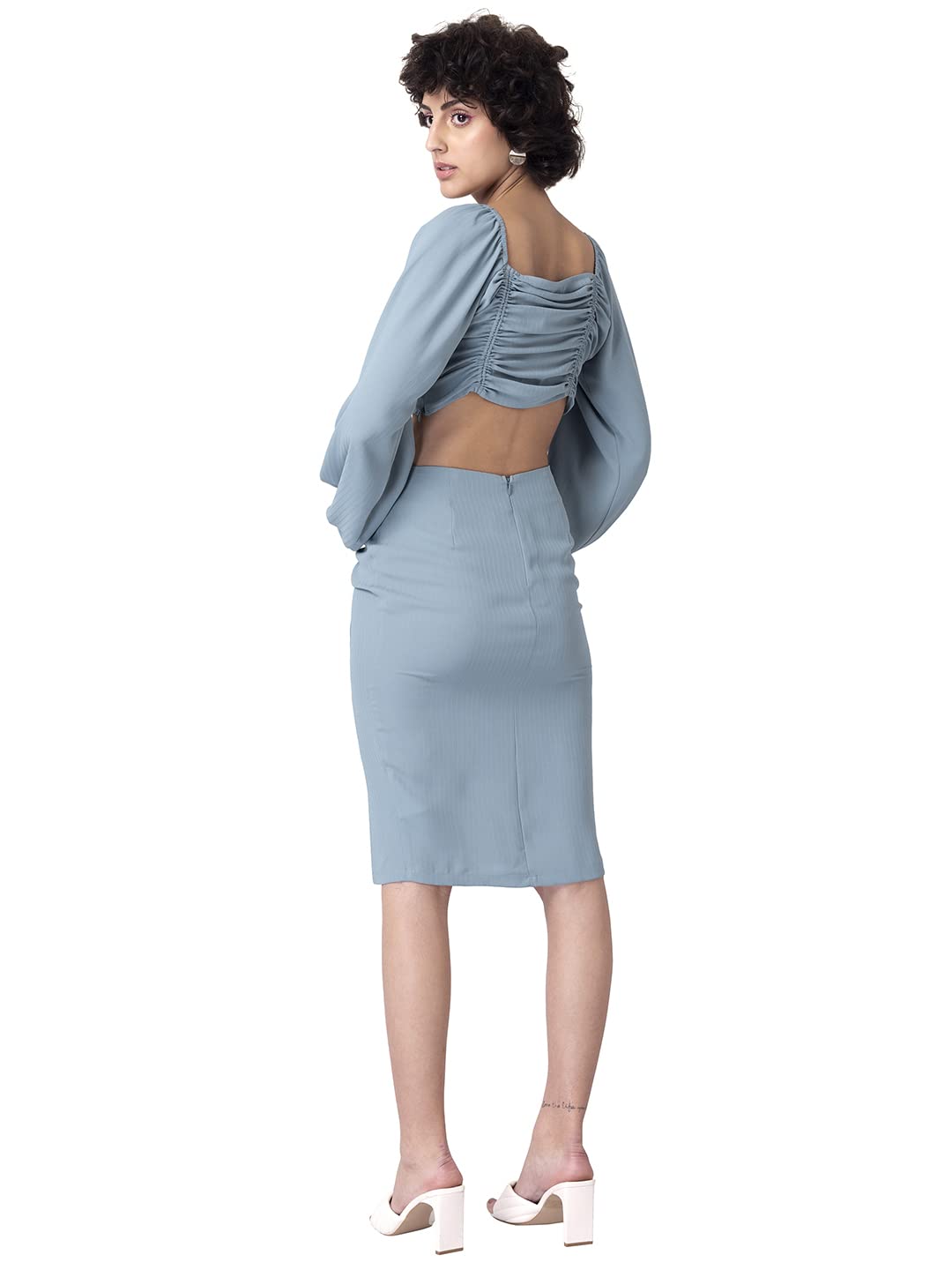 FabAlley Department569 Georgette Regular Blue Ruched Crop Top and Slit Skirt Co-ord Set (FCO00204 S)