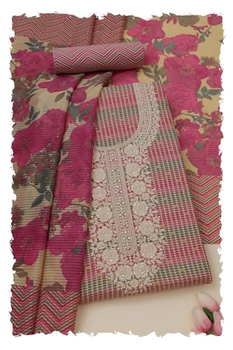 Soch Womens Fuchsia Cotton Geometric Print Unstitched Dress Material With Thread Work