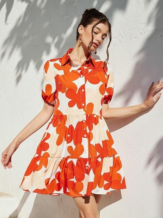 eightone Women's Floral Print Rayon Ruffled A-Line Midi Dress – Elegant Summer (in, Alpha, L, Regular, Orange)