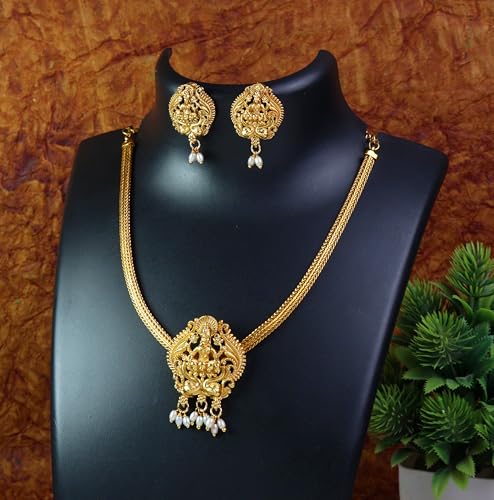 CUTE GOLD Antique Oxidised Plating Necklace With Earring For Women and Girls | Antique Temple Necklace Set for Women & Girls (AN-349)