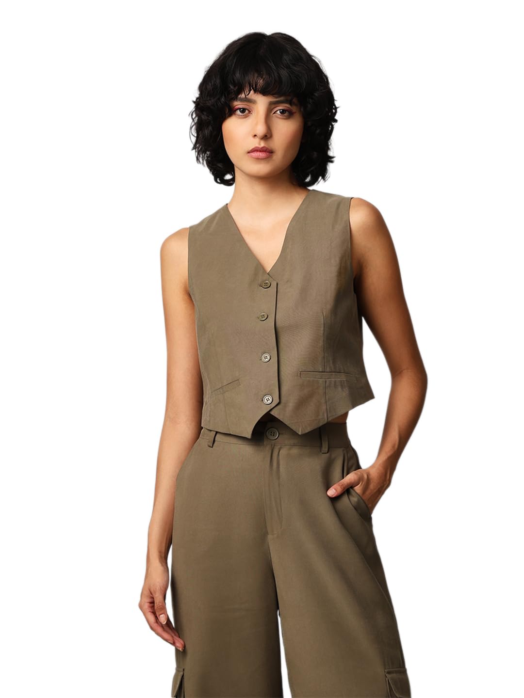 ONLY Women Solid Regular Fit Casual Olive Waistcoat