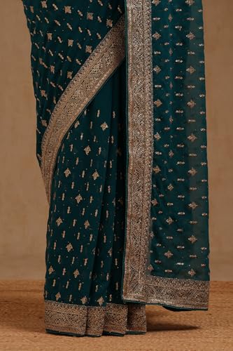 Soch Womens Teal Green Georgette Embroidered Saree With Stone Work