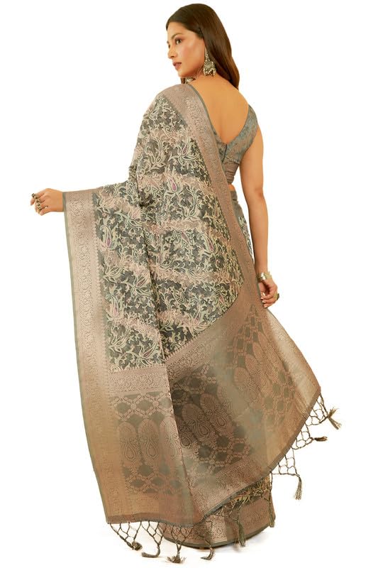 Soch Womens Charcoal Ethnic Motifs Print Jacquard Chanderi Saree