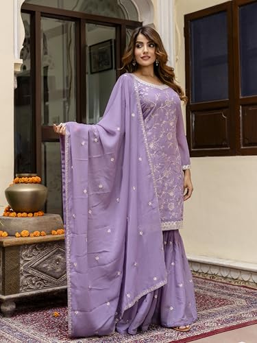 TRENDMALLS Women's Art Silk Embroidery Kurta Sharara Set with Dupatta (G313-LightPurple-L)