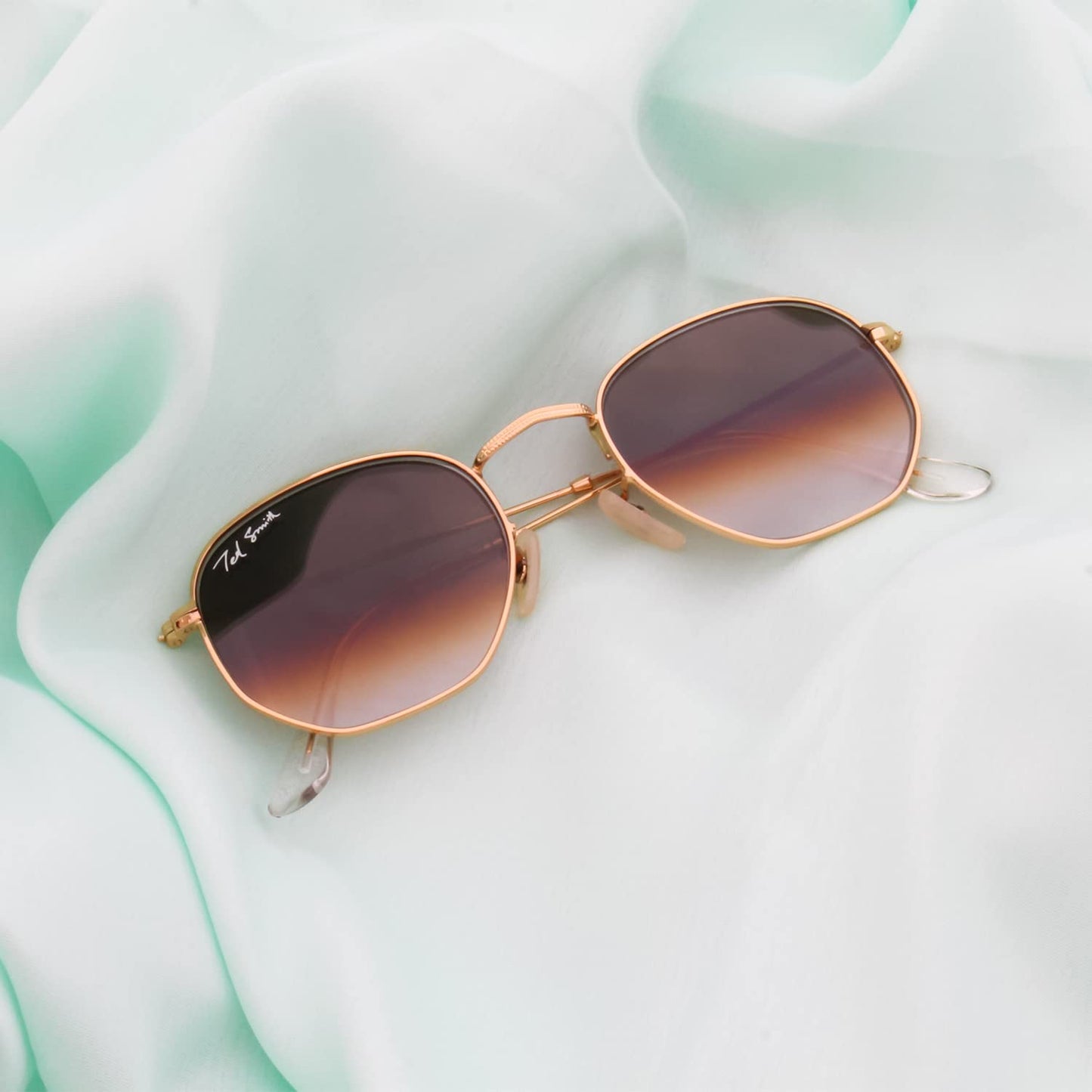 Ted Smith Men's Women's Glass UV Protection Brown Graded Lens Gold Hexagonal Sunglasses