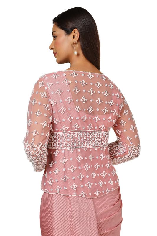 Soch Womens Peach Satin Embellished Ready-To-Wear Saree With Jacket