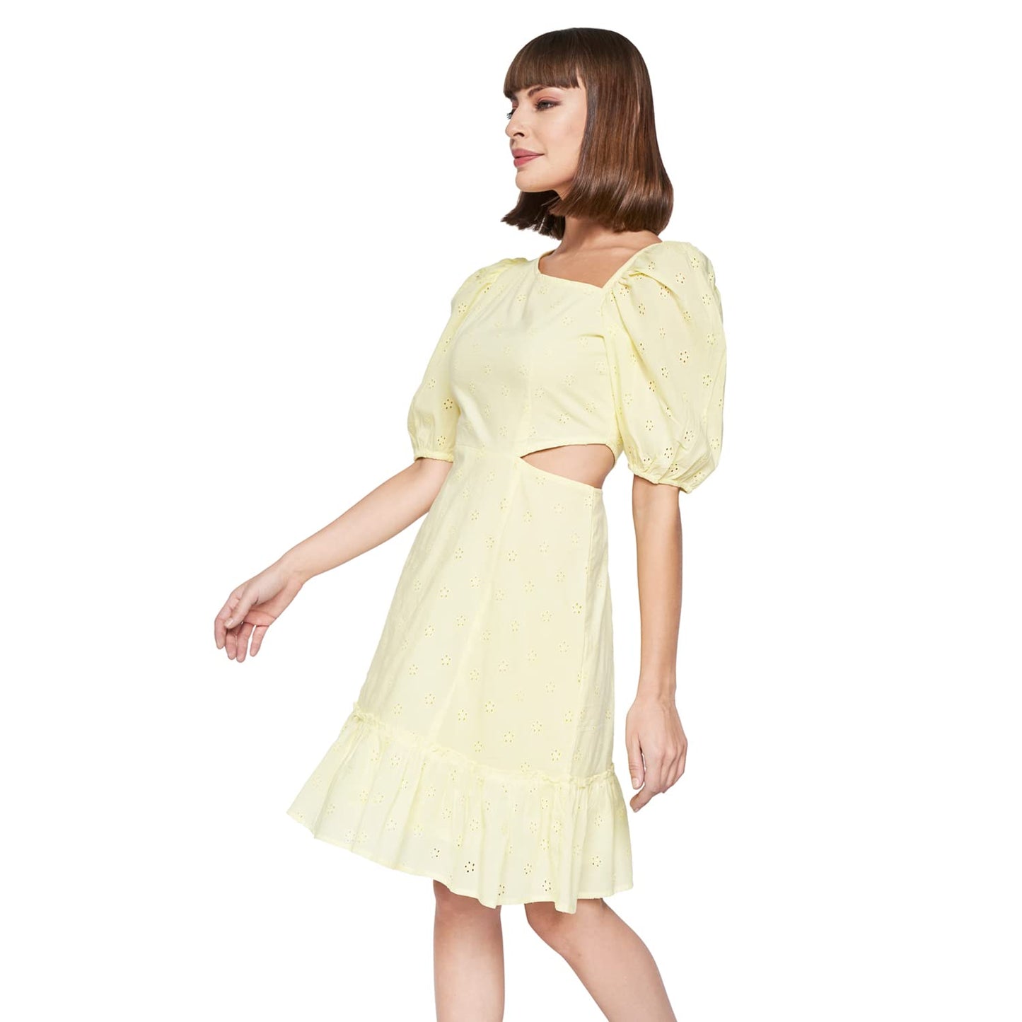 AND Women's Cotton A-Line Mini Dress (SS22AB044DRHB05_Yellow_12)