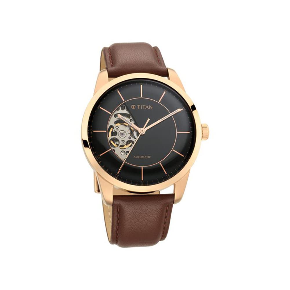 Titan Automatics Black Dial Automatic Leather Strap Watch for Men-NS90126WL02