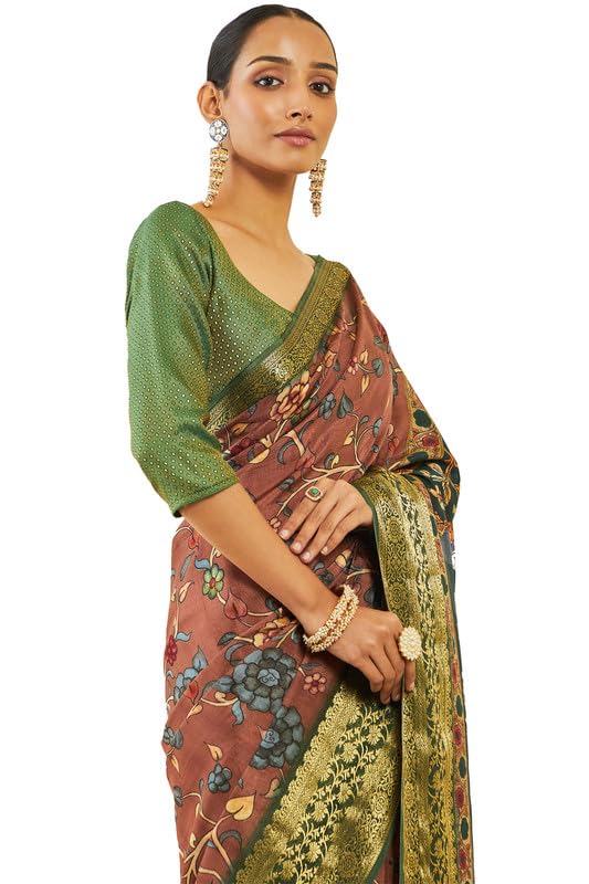Soch Womens Brown Crepe Saree With Floral Kalamakari Print And Zari Borders