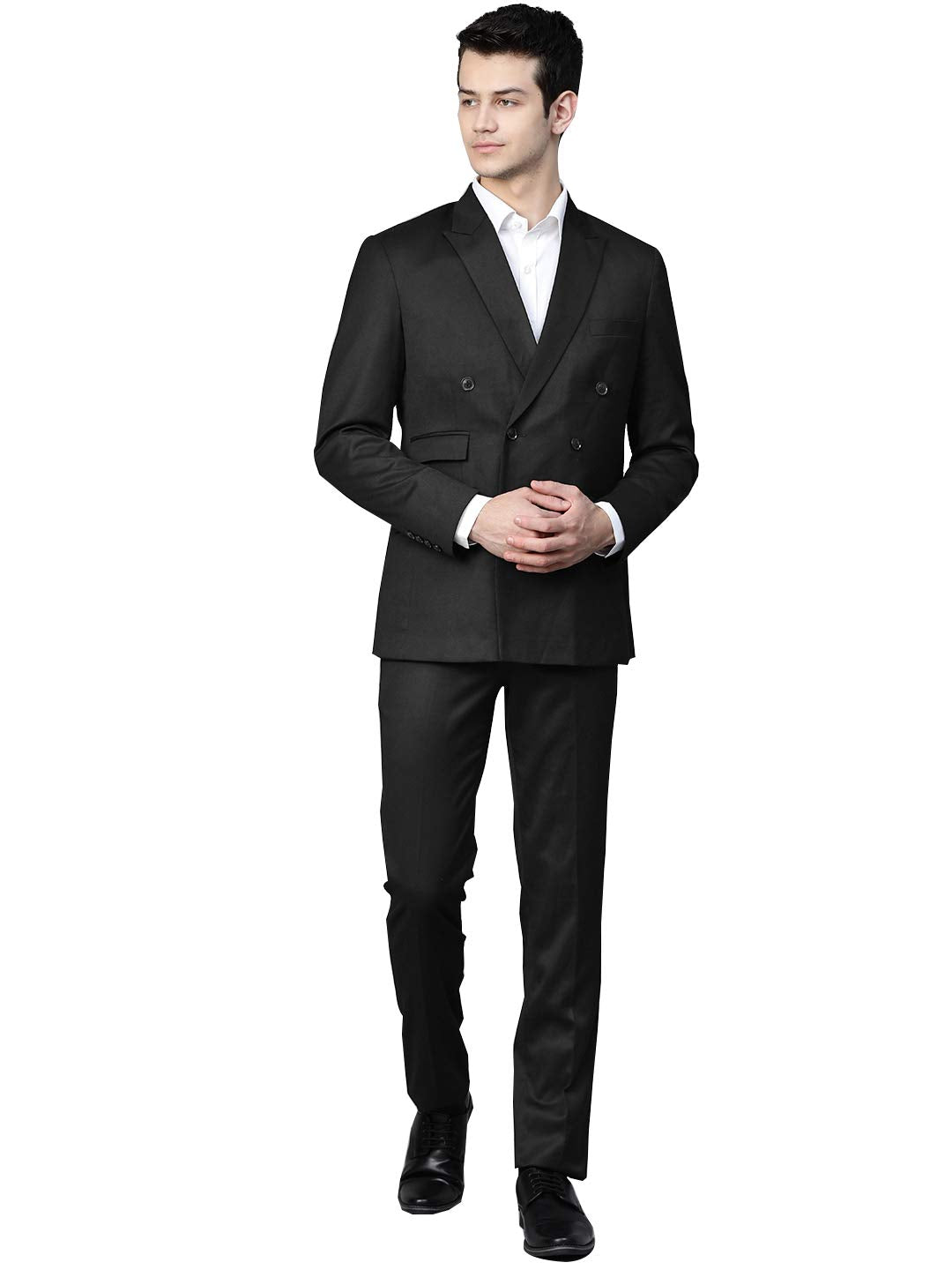 MANQ Men Black Solid Slim Fit Double Breasted Suit (Size: 36)