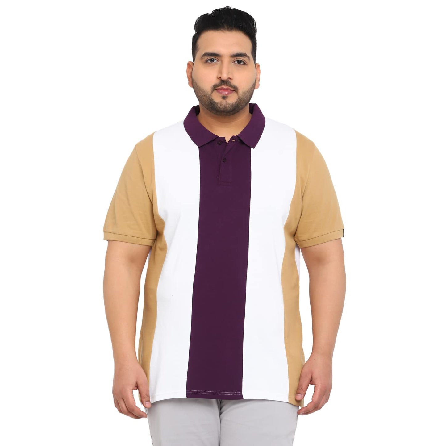 Urbano Plus Men's Off White, Purple, Khaki Colour-Block Regular Fit Half Sleeve Cotton Polo T-Shirt (pluspolocbp-008-ofwhipurkha)