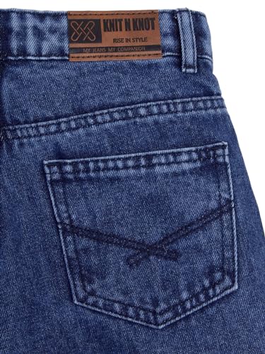 Knit N Knot Girls' Kids Premium Indigo Blue Wide Leg high Rise Flared fit, Relaxed Loose Ruptured Cloud Bottom Effect Jeans | Regular Casual Festival Occassional Wear | Non Stretch | Adjustable Waist