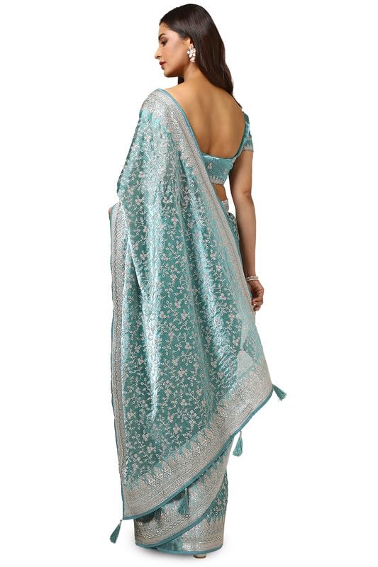 Soch Womens Teal Organza Embroidered Saree With Stone Work