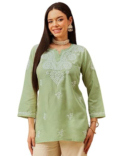 Ada Lucknowi Hand Embroidered Chikankari Cotton Short Kurta Kurti Tunic Top for Women A911551 Green (XL)