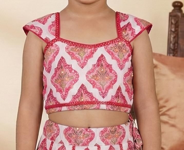 Q-one Store Girls Rayon Lehenga Choli Set with Inner Cape | Lacework Floral Printed Kids Ethnic Wear | Traditional Indian Outfit for Girls (2–10 Years) (2-3 Years)