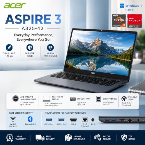Acer Aspire 3 Laptop A325-42 | 15.6" (39.6 cm) FHD IPS Display | AMD Ryzen 3 5400U | 8GB DDR4 RAM | 256GB NVMe SSD | Windows 11 Home | AMD Radeon Graphics | Wi-Fi 6 | Steel Gray | 1.78 Kg