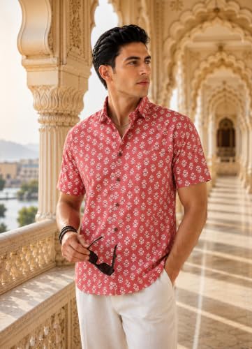 Majestic Man Men's Sanganeri Printed Pure Cotton Casual Shirt | Half Sleeve | Slim Fit | Collared Neck | Stylish Everyday Wear (Peach, XX-Large)