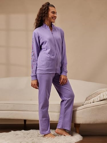 Clovia Women's Graphic Print Terry Cotton Jacket & Pyjama Set (LSW787P12_Lilac_3XL)