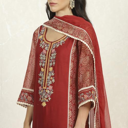 Biba Women Red Chanderi Unstitched Suit Set_Free Size