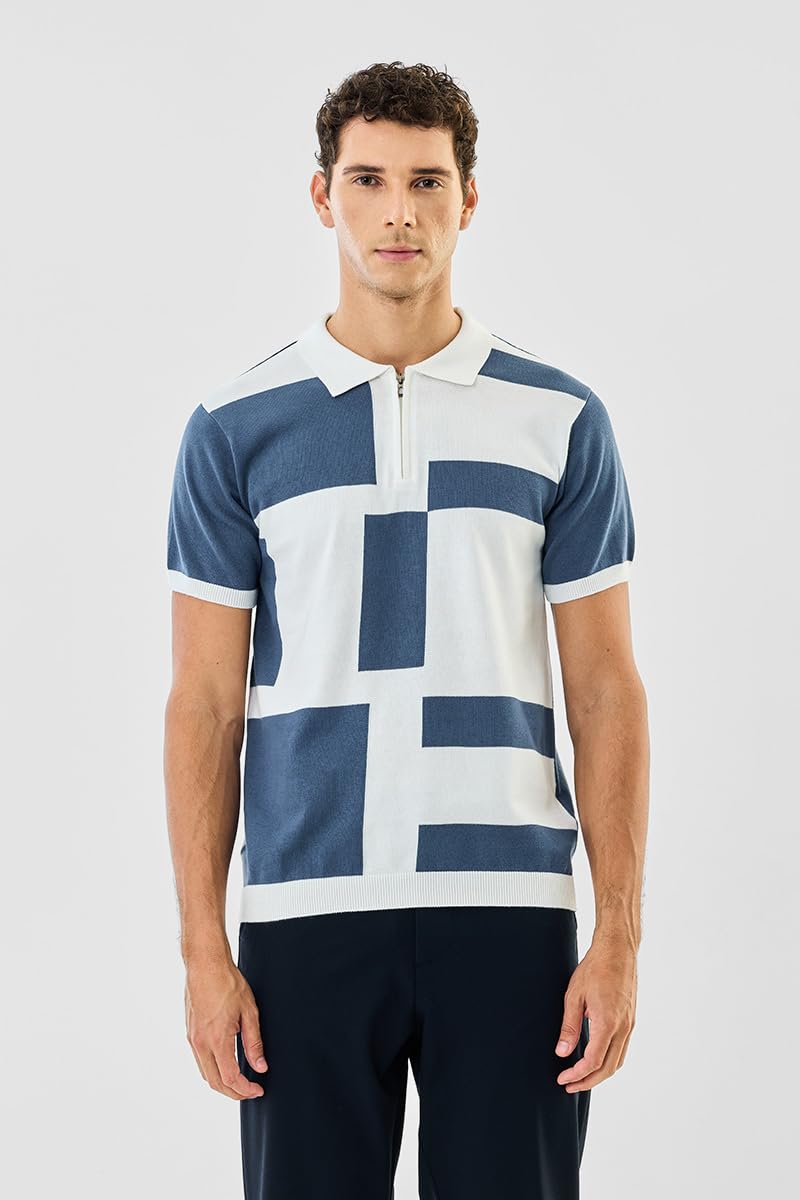SNITCH Men's Polo T-Shirt | Colour Blocked Pattern & Color-Block Design | 100% Cotton Fabric, Zipper Neckline & Regular Fit | Casual Wear for Everyday Comfort | Blue