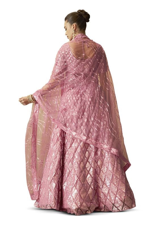 Soch Womens Blush Pink Net Geometric Pattern Sequin Embellished Unstitched Lehenga Set