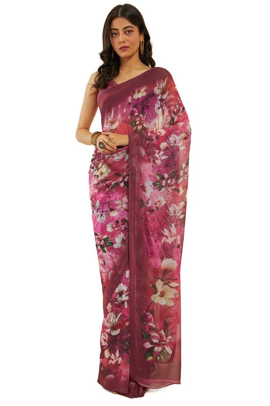 Soch Womens Fuchsia Floral Print Georgette Saree