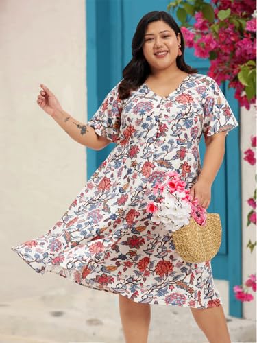wild U Women Plus Size Western Dress | Floral Print | Midi | Rayon Fabric | Stylish (Off White Pink, Size: 6XL)