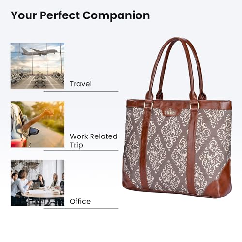 THE CLOWNFISH Miranda Series 15.6 inch Laptop Bag For Women Printed Handicraft Fabric & Faux Leather Office Bag Briefcase Hand Messenger bag Tote Shoulder Bag (Brown)