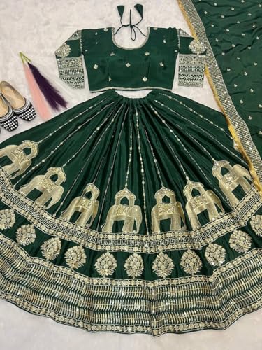 Artyfly Women Embroidered Chinon Silk Ethic Set with Dupatta Wedding and FestiveWear Traditional Outfit (Green)