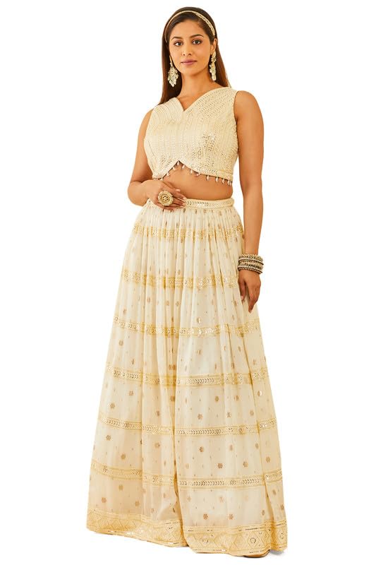 Soch Womens Off White Embellished Georgette Lehenga Choli